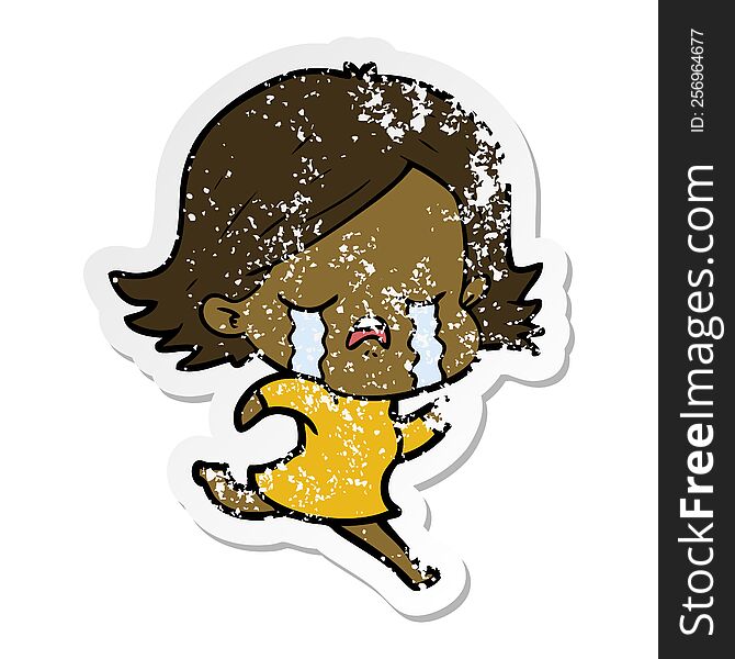 Distressed Sticker Of A Cartoon Girl Crying Whilst Running