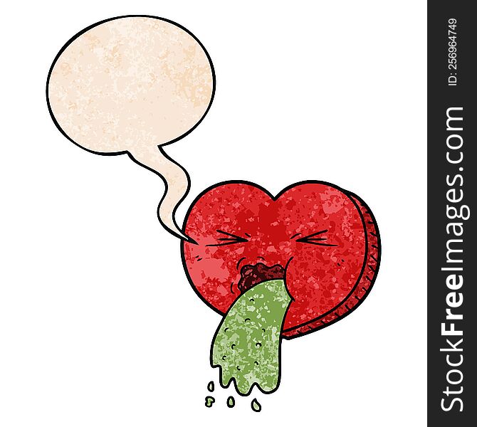 cartoon love sick heart and speech bubble in retro texture style