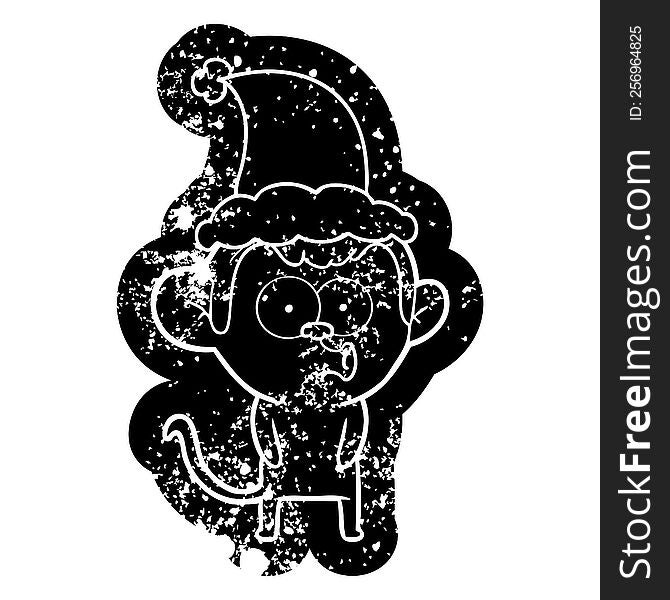 quirky cartoon distressed icon of a hooting monkey wearing santa hat