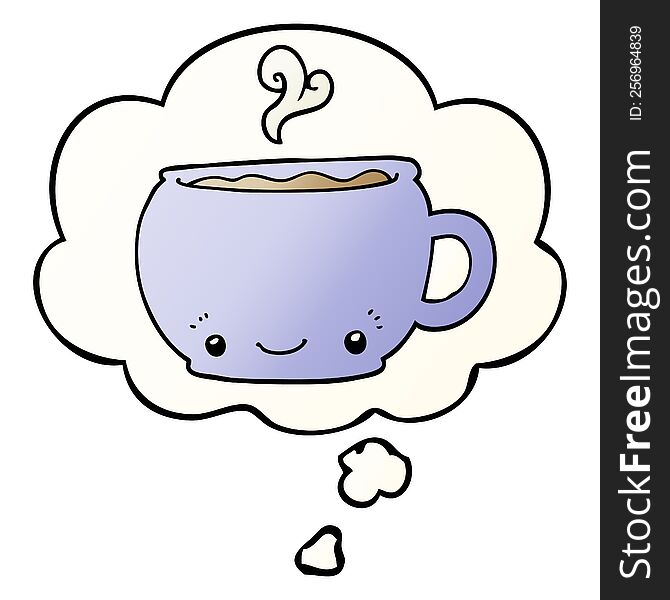 cartoon hot cup of coffee and thought bubble in smooth gradient style