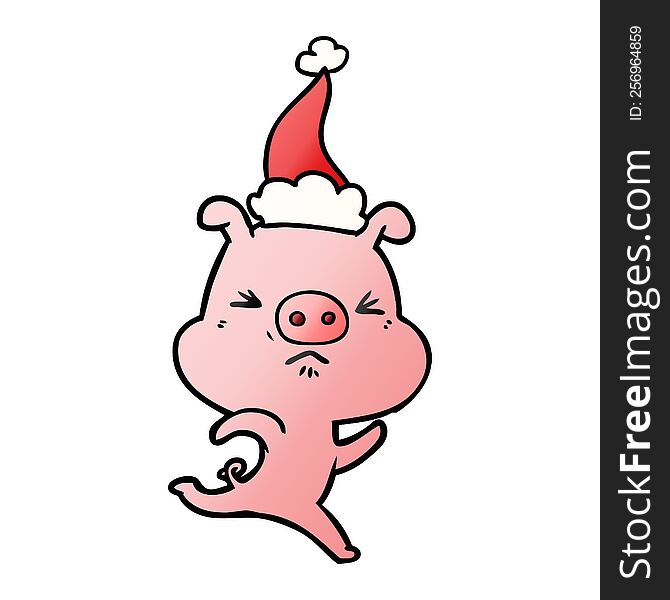 Gradient Cartoon Of A Annoyed Pig Running Wearing Santa Hat