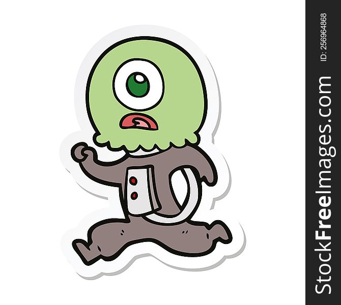 Sticker Of A Cartoon Cyclops Alien Spaceman Running