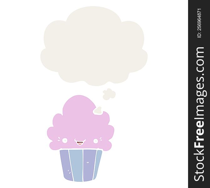 cartoon cupcake with face and thought bubble in retro style