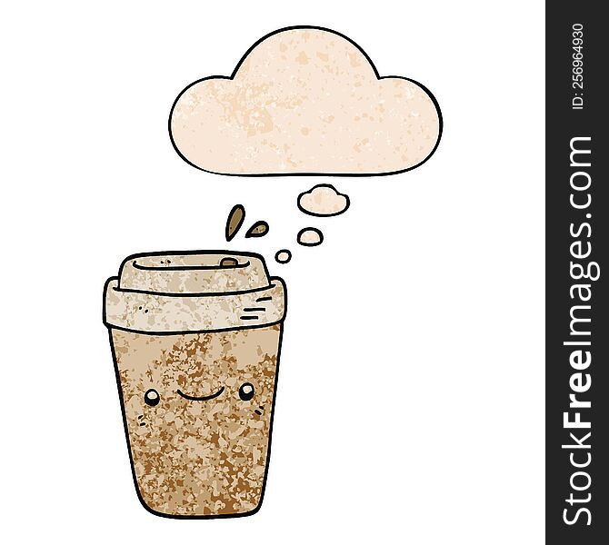 cartoon takeaway coffee with thought bubble in grunge texture style. cartoon takeaway coffee with thought bubble in grunge texture style