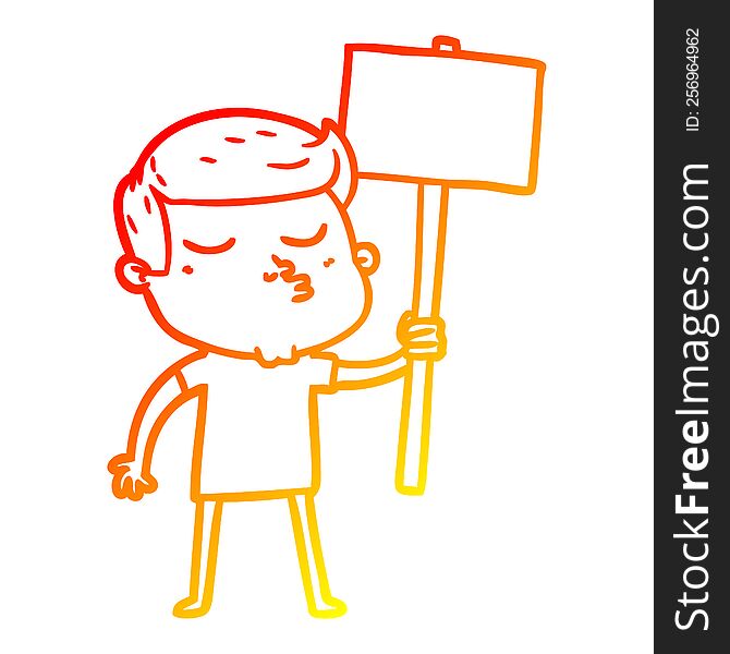 warm gradient line drawing of a cartoon model guy pouting with sign
