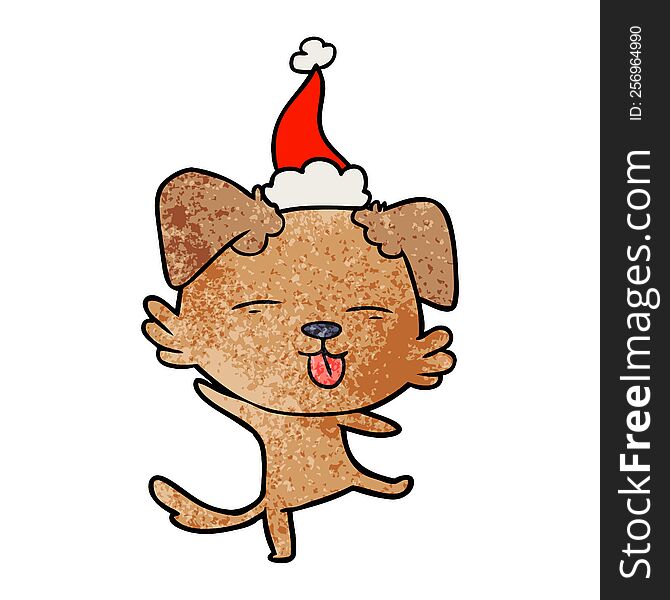 hand drawn textured cartoon of a dancing dog wearing santa hat