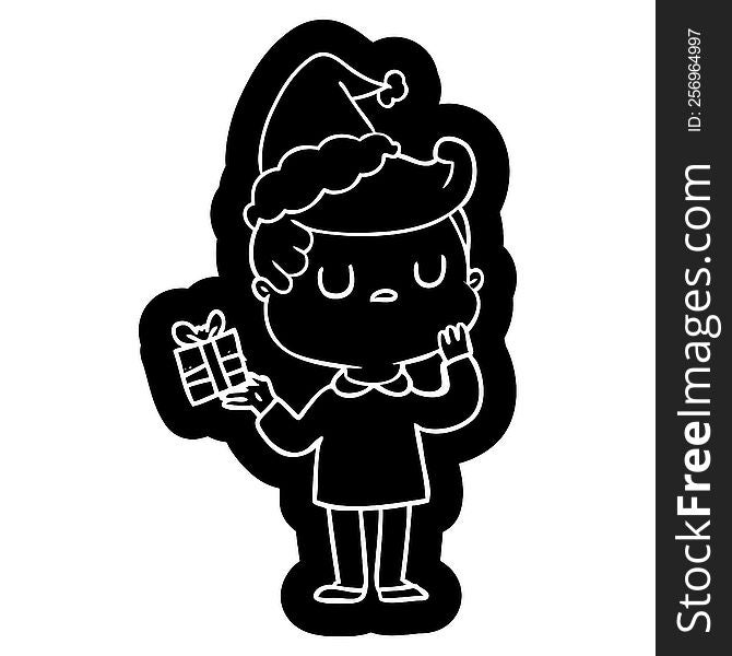 quirky cartoon icon of a man wondering wearing santa hat