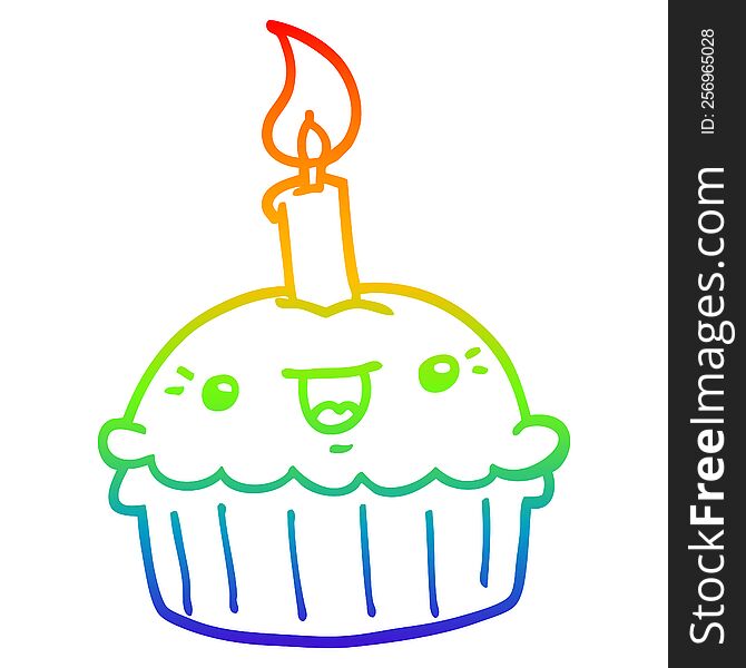 Rainbow Gradient Line Drawing Cartoon Cupcake With Candle