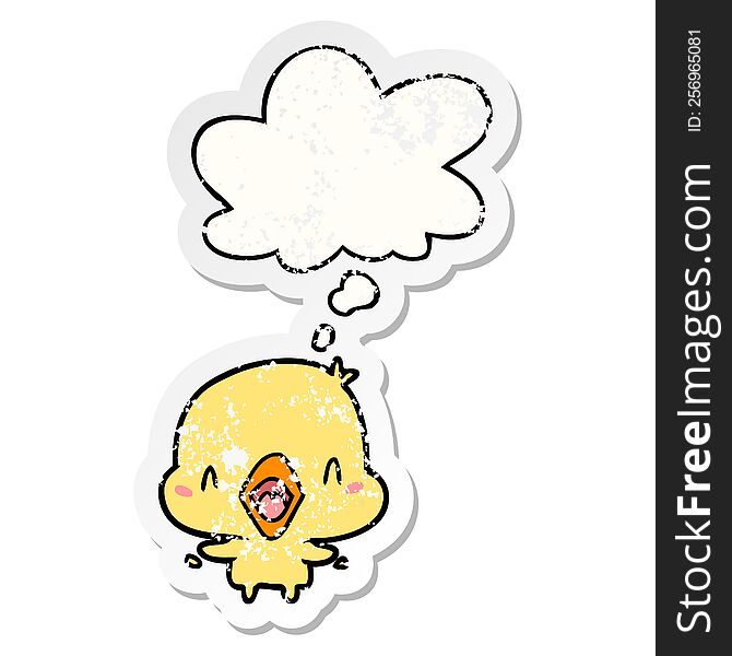 cartoon happy bird with thought bubble as a distressed worn sticker
