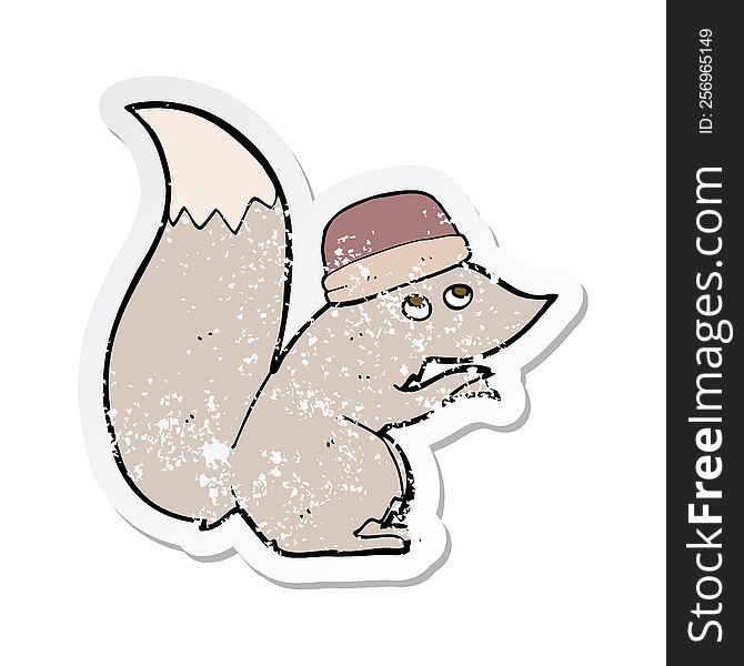 retro distressed sticker of a cartoon squirrel wearing hat