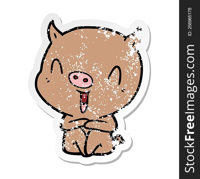 Distressed Sticker Of A Happy Cartoon Sitting Pig
