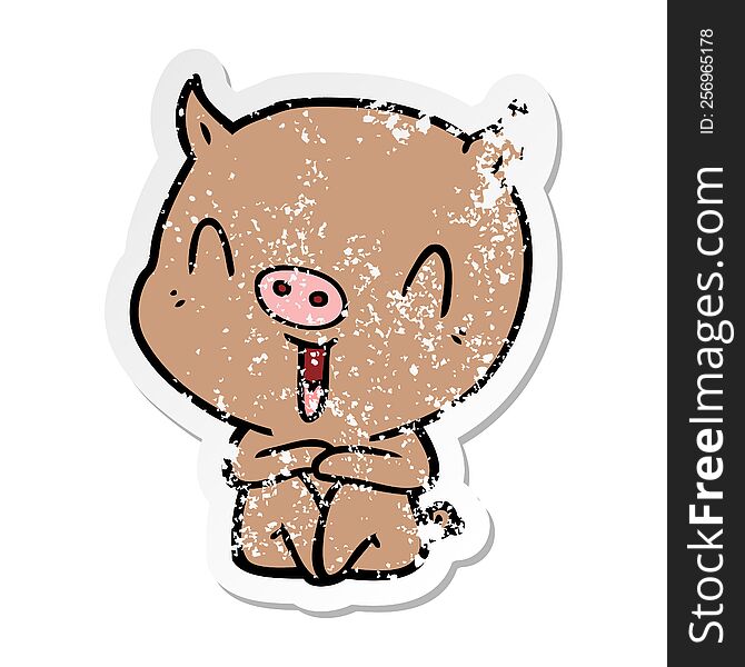 distressed sticker of a happy cartoon sitting pig