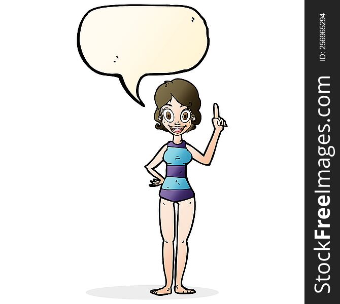 cartoon woman in striped swimsuit with speech bubble