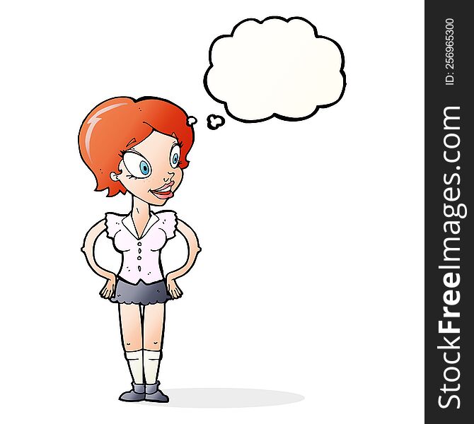 cartoon happy woman in short skirt with thought bubble