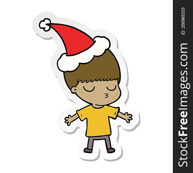 hand drawn sticker cartoon of a calm boy wearing santa hat