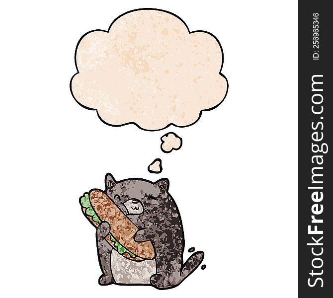 Cartoon Cat With Sandwich And Thought Bubble In Grunge Texture Pattern Style