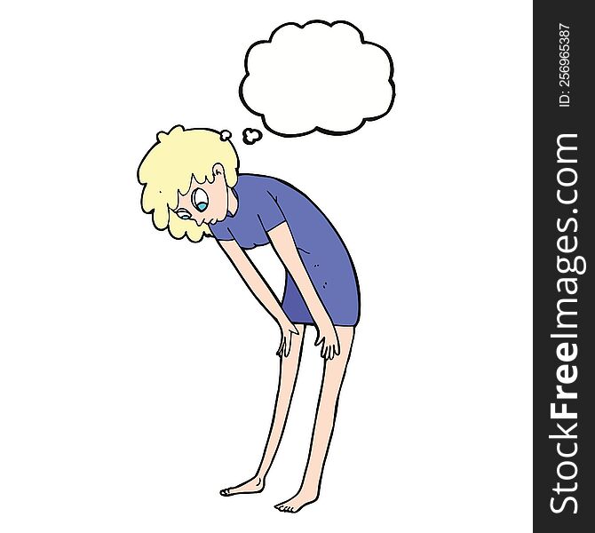 cartoon woman looking at her feet with thought bubble
