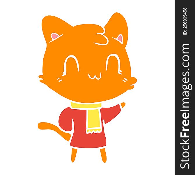 Flat Color Style Cartoon Happy Cat Wearing Scarf
