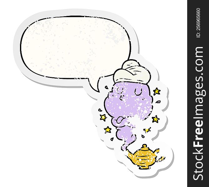 cute cartoon genie rising out of lamp and speech bubble distressed sticker