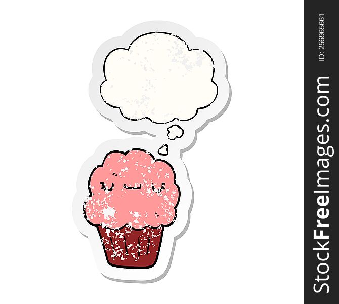 Cartoon Muffin And Thought Bubble As A Distressed Worn Sticker