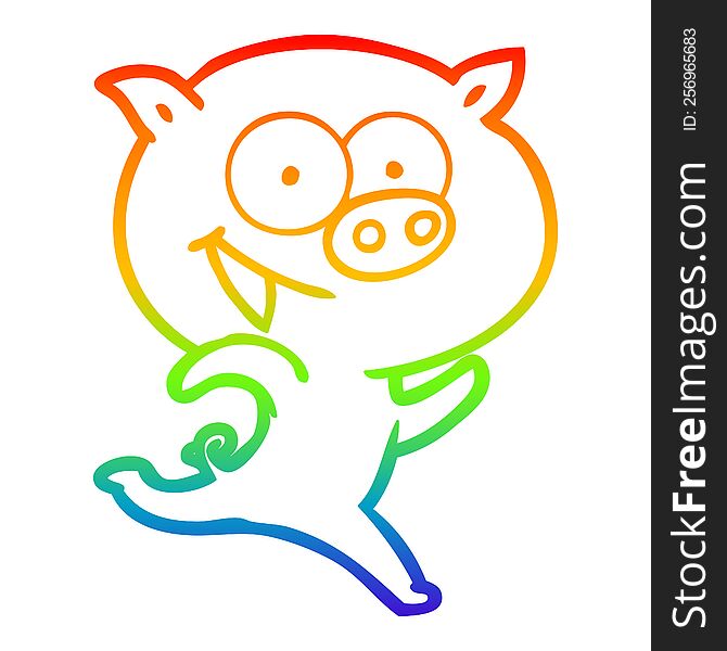 rainbow gradient line drawing of a cheerful running pig cartoon