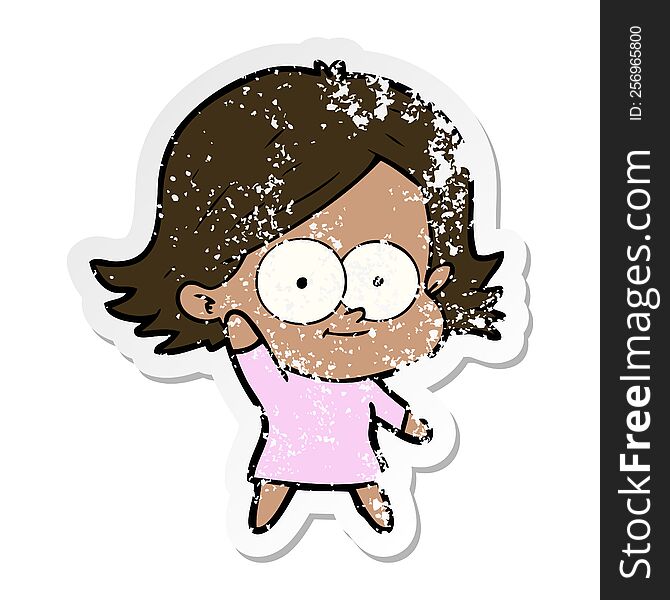 distressed sticker of a happy cartoon girl