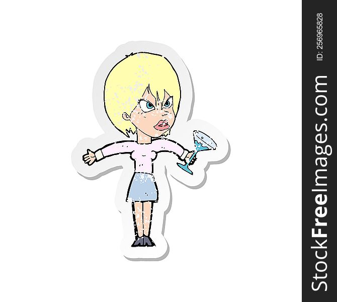retro distressed sticker of a cartoon woman with drink
