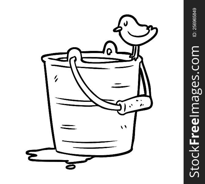 line drawing of a bird looking into bucket of water. line drawing of a bird looking into bucket of water