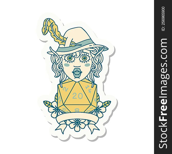 sticker of a elf bard with natural twenty dice roll. sticker of a elf bard with natural twenty dice roll