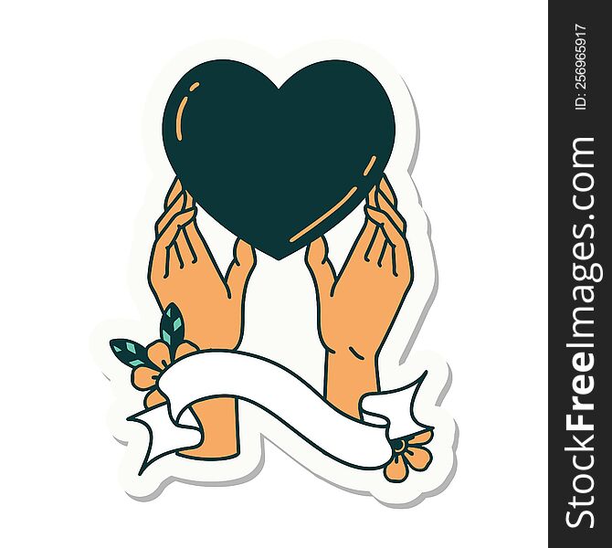 tattoo sticker with banner of a hands reaching for a heart