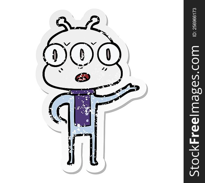 Distressed Sticker Of A Confused Three Eyed Alien