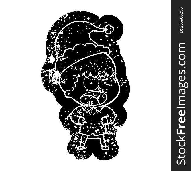 quirky cartoon distressed icon of a shocked man wearing santa hat