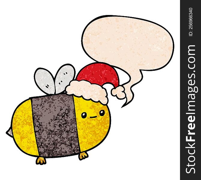 cartoon christmas bee with speech bubble in retro texture style