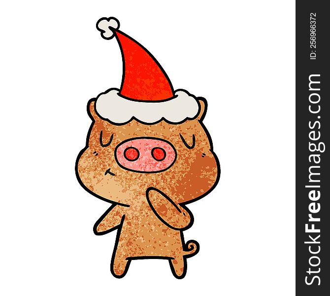 Textured Cartoon Of A Content Pig Wearing Santa Hat