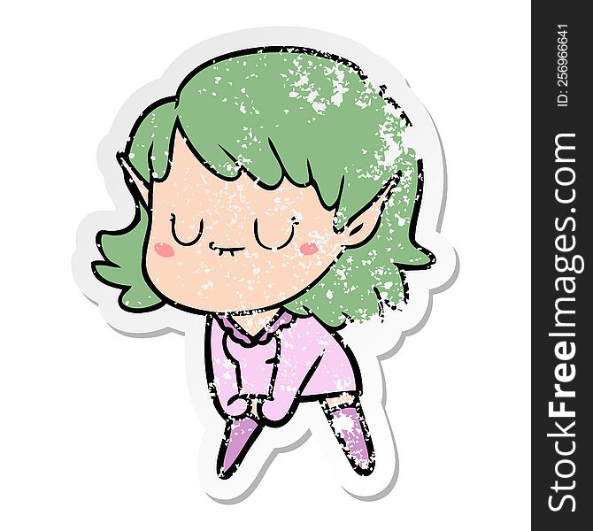 distressed sticker of a happy cartoon elf girl posing