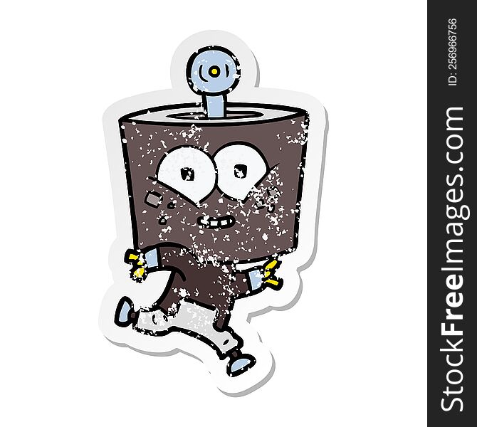 Distressed Sticker Of A Happy Cartoon Robot Running