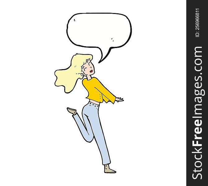 Cartoon Happy Girl Kicking Out Leg With Speech Bubble