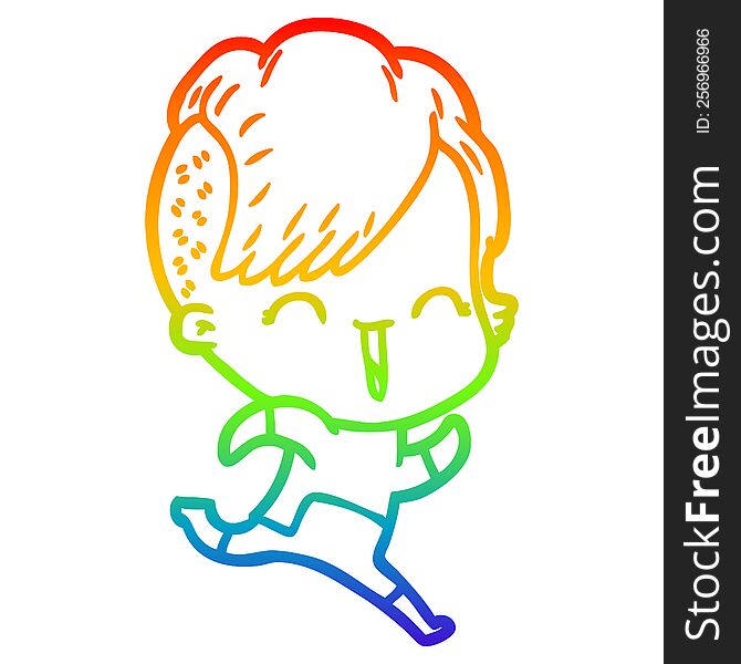 rainbow gradient line drawing of a cartoon happy hipster girl