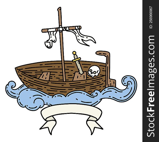 banner with tattoo style empty boat with skull