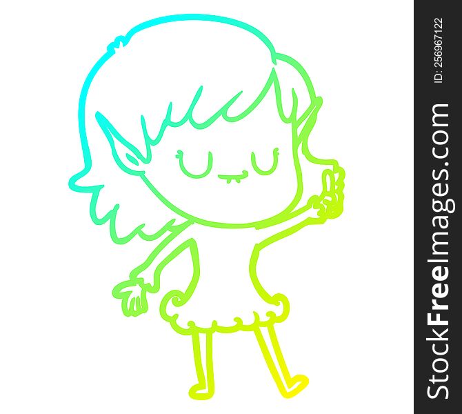 cold gradient line drawing of a happy cartoon elf girl