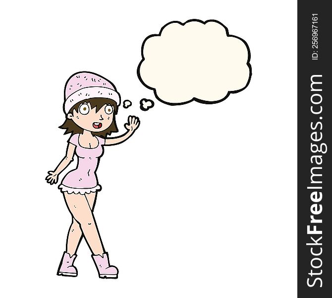 Cartoon Pretty Girl In Hat Waving With Thought Bubble