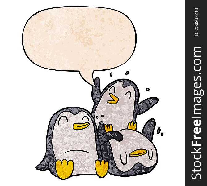 cartoon happy penguins with speech bubble in retro texture style