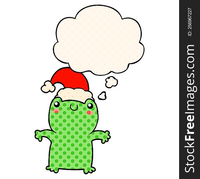 cute cartoon frog wearing christmas hat with thought bubble in comic book style