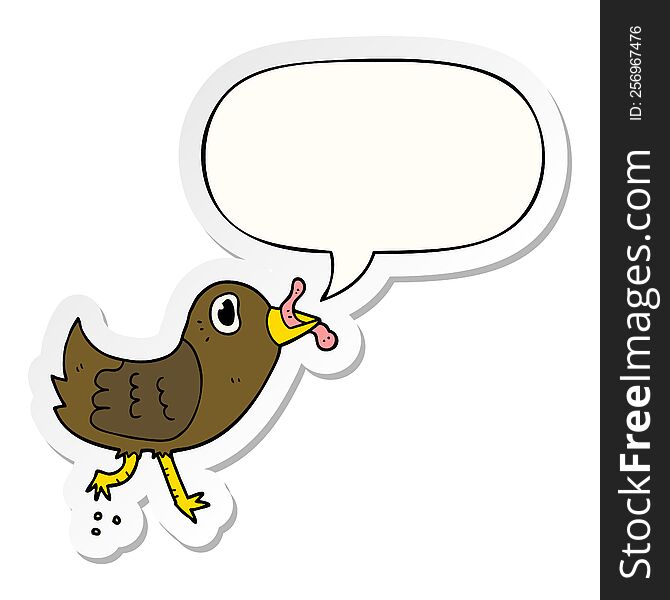 cartoon bird with worm with speech bubble sticker. cartoon bird with worm with speech bubble sticker