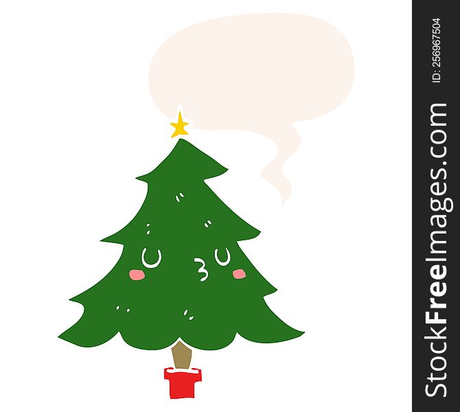 Cute Cartoon Christmas Tree And Speech Bubble In Retro Style