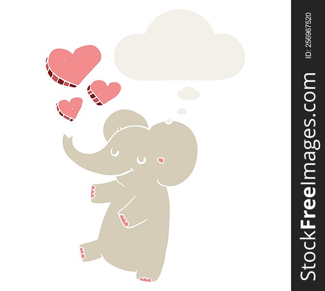 cartoon elephant with love hearts with thought bubble in retro style