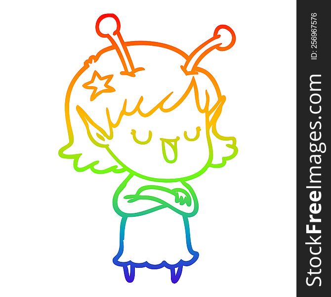rainbow gradient line drawing of a happy alien girl cartoon