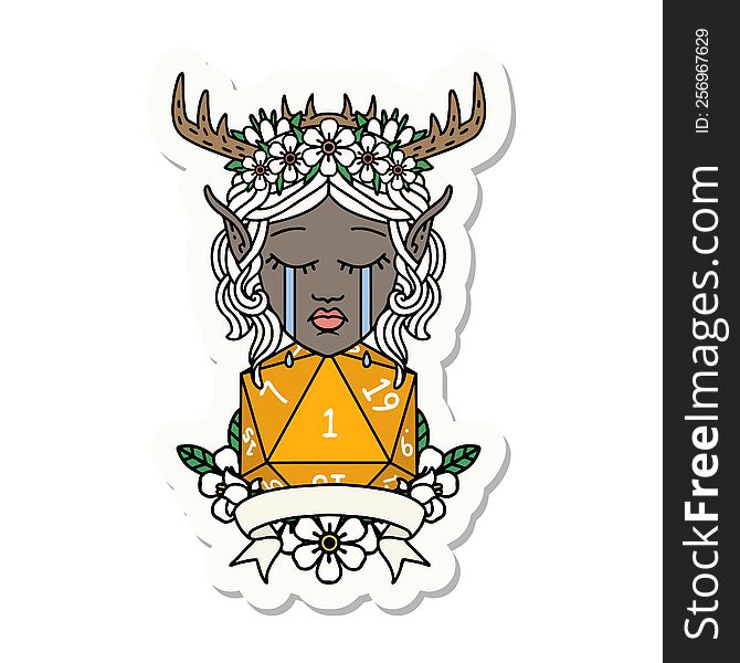 sticker of a sad elf druid character face with natural one D20 roll. sticker of a sad elf druid character face with natural one D20 roll