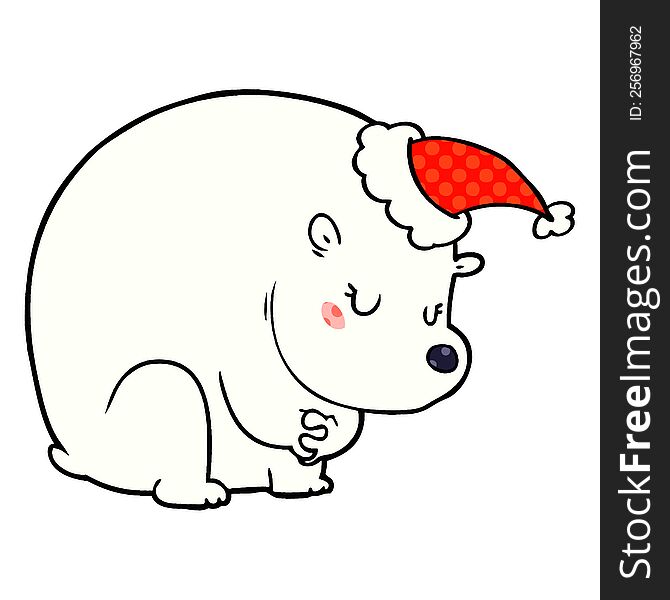 cute hand drawn comic book style illustration of a polar bear wearing santa hat