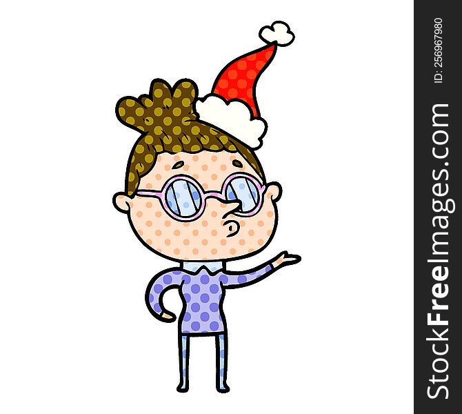 hand drawn comic book style illustration of a woman wearing glasses wearing santa hat